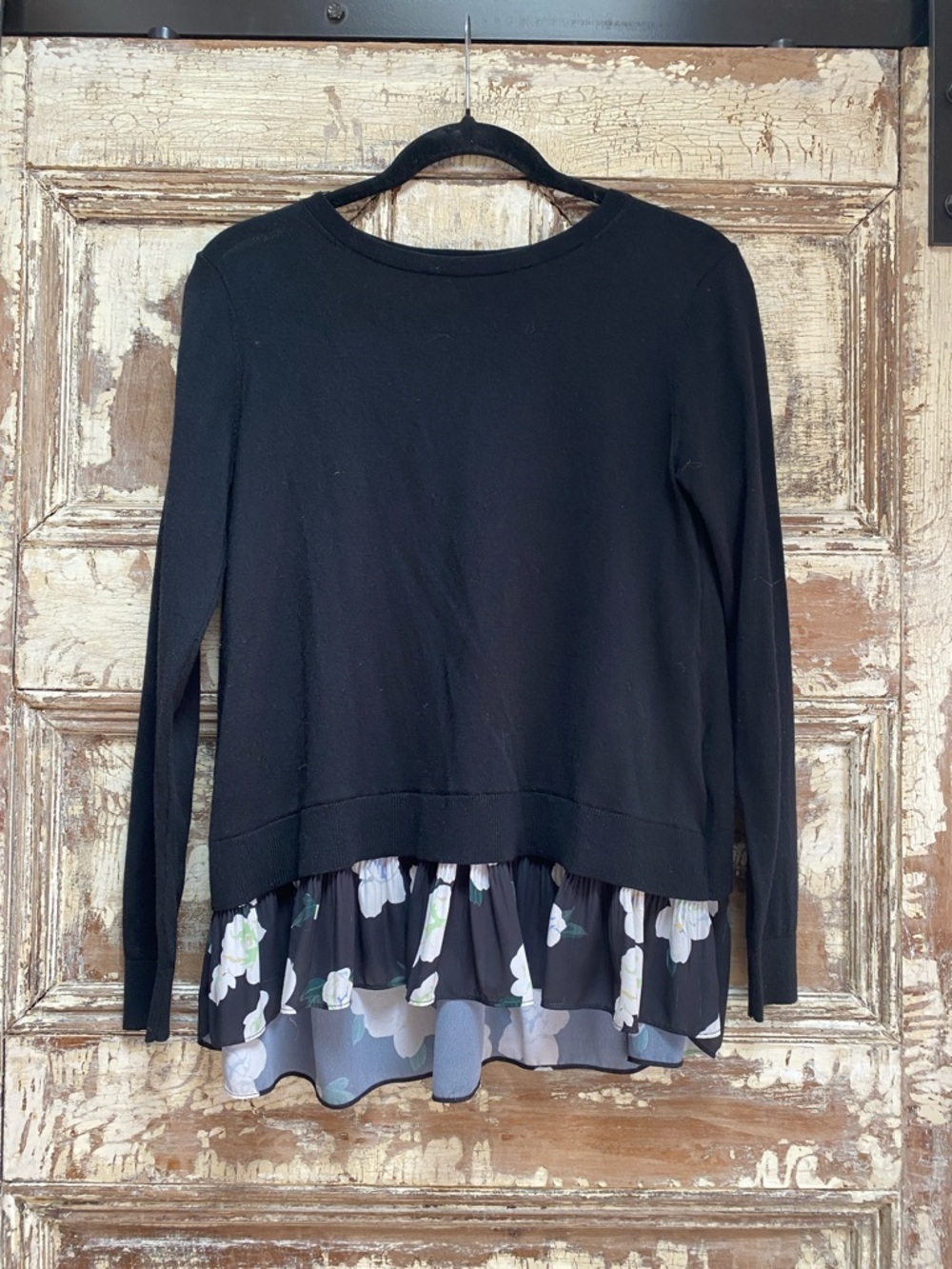 Club Monaco Black Knit Multi Media Sweater with Floral Trim Hem, Size S/P